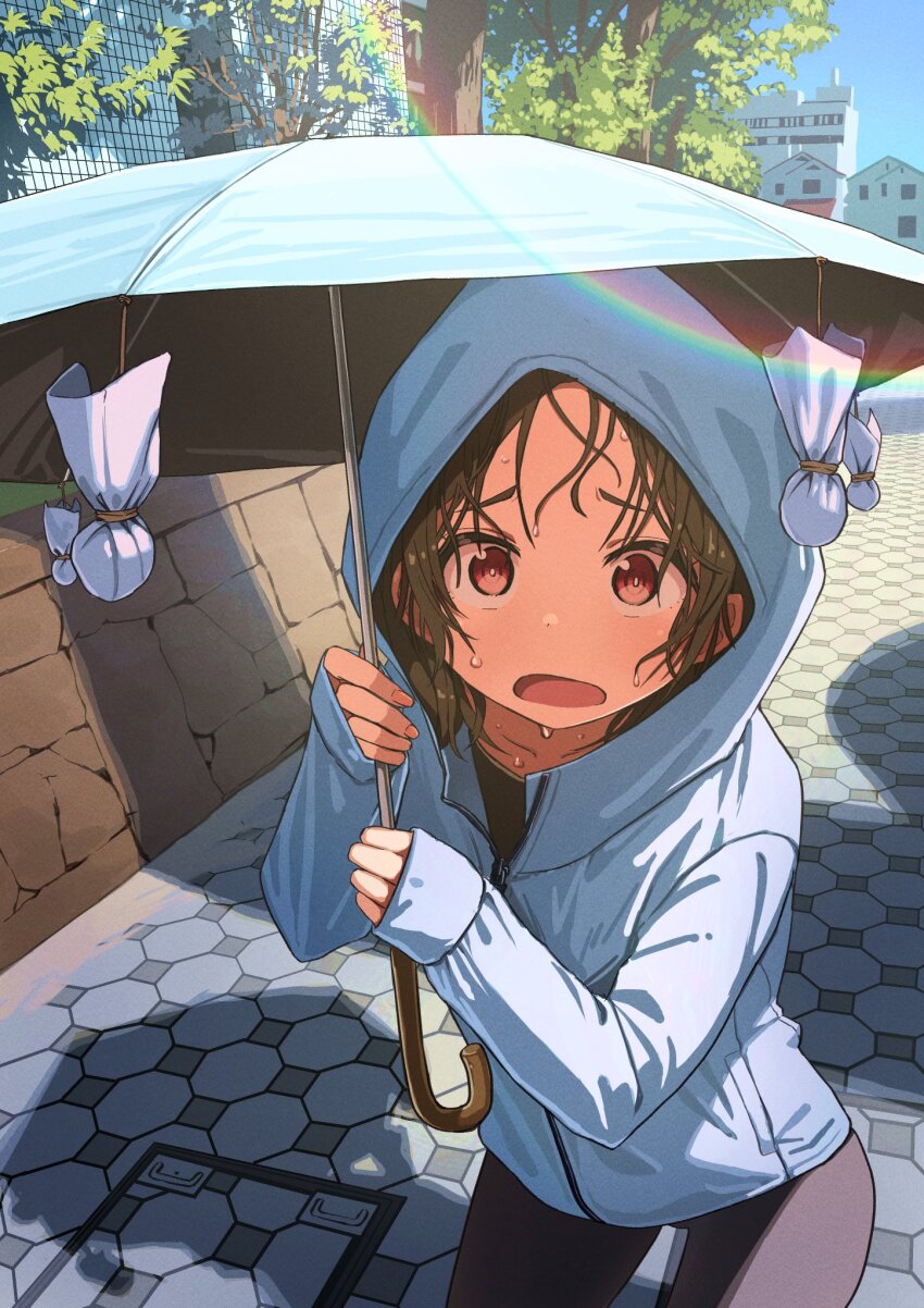 1girl black_hair black_pants blue_jacket blue_sky blue_umbrella day highres holding holding_umbrella hood hood_up hooded_jacket jacket lens_flare open_mouth original outdoors pants red_eyes shadow sky solo sweat teruterubouzu toraneko tree umbrella yoga_pants