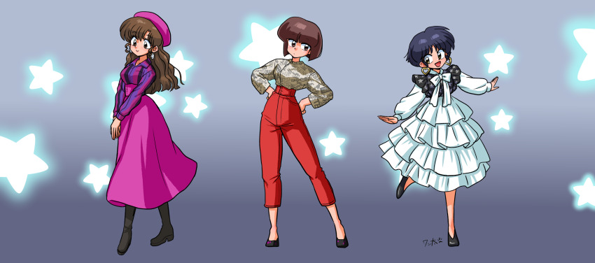 beret black_footwear black_hair blunt_bangs bow brown_hair dress earrings flats full_body gradient_background hat heart heart_earrings highres jewelry outstretched_arms pants pink_hat pink_skirt ranma_1/2 red_pants shirt short_hair siblings sisters skirt spread_arms star_(symbol) striped_clothes striped_shirt tendou_akane tendou_kasumi tendou_nabiki wanta_(futoshi) white_bow white_dress