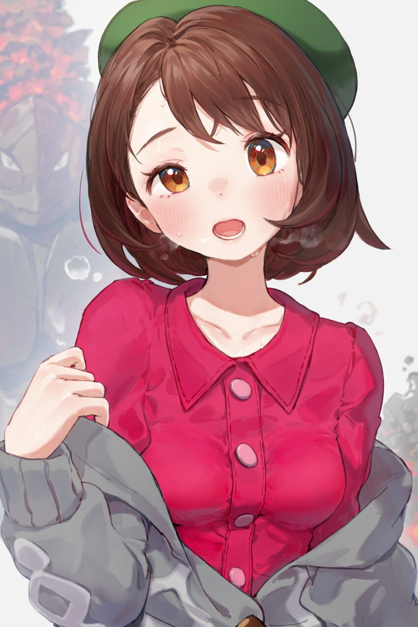 1girl blush body_blush breasts breath brown_eyes brown_hair buttons cable_knit cardigan coalossal collarbone collared_dress commentary dress eyelashes gen_8_pokemon gloria_(pokemon) green_hat grey_cardigan half-closed_eye hand_up hat head_tilt highres hot long_sleeves looking_at_viewer lower_teeth_only medium_breasts nintendo off_shoulder open_mouth partially_unbuttoned pink_dress pokemon pokemon_(creature) pokemon_swsh solo_focus sweat tam_o&#039;_shanter teeth tongue white_background yosame0a