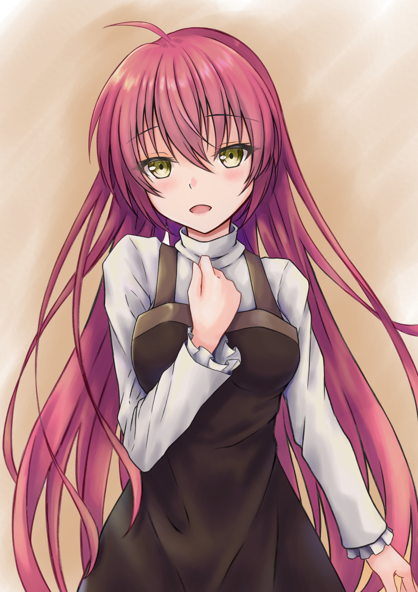 1girl 2019 absurdres ahoge arm_at_side black_dress blush breasts brown_background casual clenched_hand commentary_request dated_commentary dress eyelashes eyes_visible_through_hair frilled_sleeves frills futaki_kanata hair_between_eyes hand_up highres little_busters! long_hair long_sleeves looking_at_viewer medium_breasts open_mouth purple_hair rgrey00 shirt simple_background sleeveless sleeveless_dress smile solo straight_hair very_long_hair white_shirt yellow_eyes