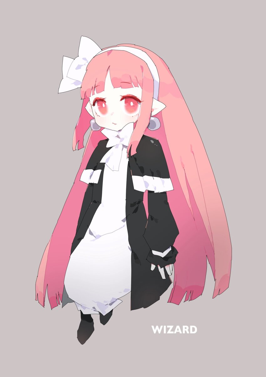 1girl black_boots black_capelet black_dress boots bow capelet demon_girl disgaea dress earrings frills highres jewelry lolita_fashion long_hair looking_at_viewer mage_(disgaea) pink_eyes pink_hair pointy_ears ribbon simple_background wasou_89 white_bow white_dress white_ribbon