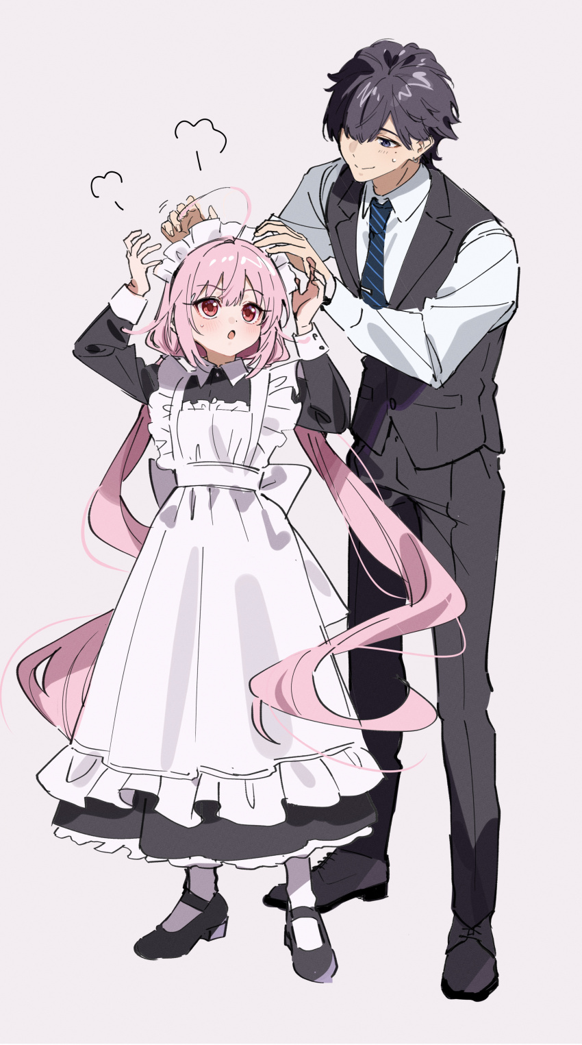 1boy 1girl absurdres apron black_hair butler commentary_request couple dress full_body hetero highres kise_itsuki long_hair maid momo_(kise_itsuki) original pink_hair red_eyes sketch very_long_hair