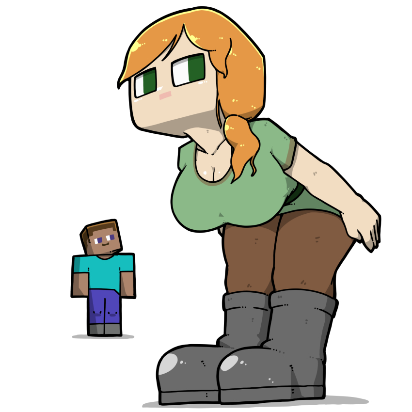 1boy 1girl alex_(minecraft) bent_over boots breasts brown_pants cleavage collarbone green_eyes green_shirt grey_footwear hair_over_shoulder highres large_breasts legs_together long_hair low_ponytail minecraft name_omoitukan2 orange_hair pants ponytail shadow shirt short_sleeves simple_background standing steve_(minecraft) white_background
