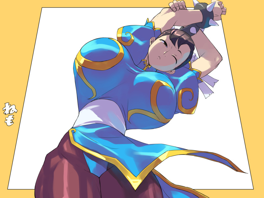 1girl arms_up bracelet breasts brown_hair capcom chinese_clothes chun-li coveredcore cropped_legs hair_bun half-closed_eye highres huge_breasts jewelry one_eye_closed pelvic_curtain sash simple_background solo spiked_bracelet spikes standing street_fighter street_fighter_ii_(series) stretching thick_thighs thighs white_sash