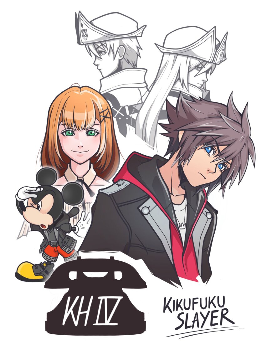 2girls 3boys artist_name black_jacket blue_eyes brown_hair closed_mouth commentary english_commentary green_eyes hat highres jacket kikufukuslayer kingdom_hearts kingdom_hearts_iv kingdom_hearts_missing-link long_hair mickey_mouse multiple_boys multiple_girls official_alternate_costume one_eye_closed open_clothes open_jacket orange_hair player_character_(kingdom_hearts_missing-link) profile sora_(kingdom_hearts) spiked_hair strelitzia_(kingdom_hearts) very_long_hair