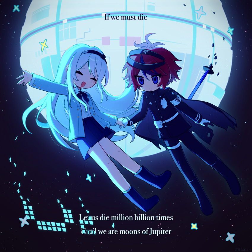 !!_(lingyou31355) 1boy 1girl ^_^ absurdres antenna_hair arm_up armband belt belt_pouch black_boots black_bow black_bowtie black_hair black_hairband black_jacket black_pants black_skirt blue_eyes boots bow bowtie buttons chinese_commentary closed_eyes closed_mouth collared_shirt commentary_request english_text eyelashes from_behind full_body gakuran gloves grey_jacket hair_between_eyes hairband highres holding_hands hole_in_chest hole_on_body jacket kashimiya_karua knee_boots lapels last_defense_academy_school_uniform long_hair long_sleeves miniskirt mole mole_under_eye mole_under_mouth multicolored_hair notched_lapels open_clothes open_jacket open_mouth pants pleated_skirt pouch red_hair school_uniform shirt short_hair skirt smile space space_station star_(sky) streaked_hair sumino_takumi sword the_hundred_line_-last_defense_academy- thigh_strap two-tone_hair variant_set very_long_hair weapon white_armband white_belt white_gloves white_hair white_shirt