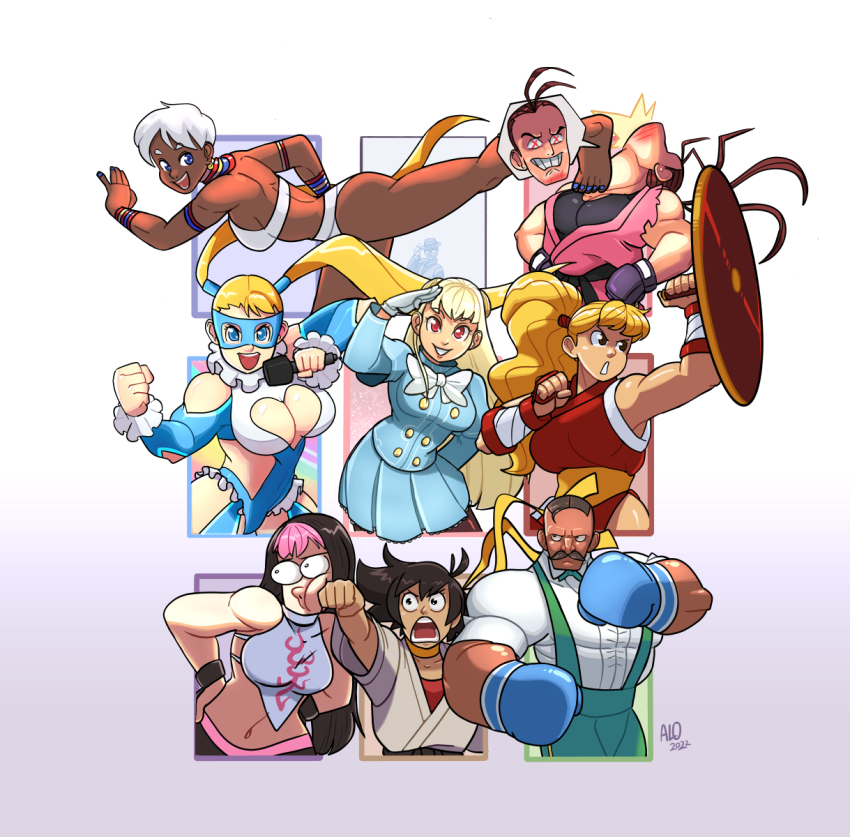 2boys 6+girls breasts capcom dark-skinned_female dark_skin dudley elena_(street_fighter) final_fight final_fight_2 genryuusai_maki han_juri hibiki_dan highres ingrid_(capcom) large_breasts makoto_(street_fighter) medium_breasts multiple_boys multiple_girls phons0 rainbow_mika street_fighter tagme