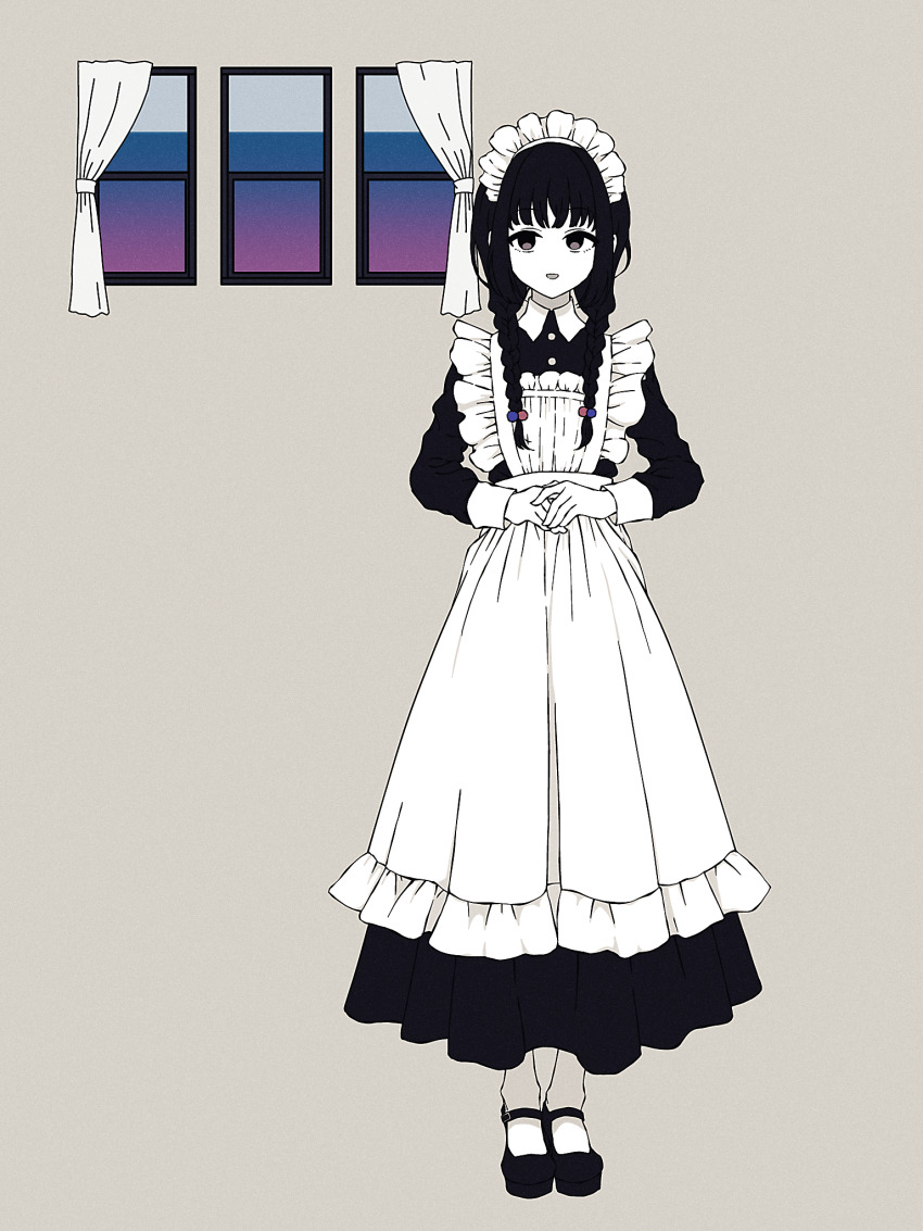 1girl :d amemori_sayo apron beads black_dress black_eyes black_hair black_shoes braid collared_dress curtains dress frilled_apron frills full_body grey_background hair_beads hair_ornament highres knees_apart_feet_together limited_palette long_dress long_hair long_sleeves looking_at_viewer low_twin_braids maid maid_headdress nijisanji nkymyura open_mouth own_hands_together shoes sleeve_cuffs smile solo straight-on twin_braids virtual_youtuber white_apron window wispy_bangs