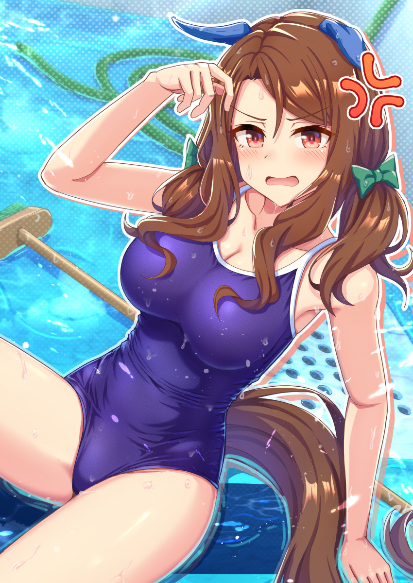 1girl absurdres alternate_hairstyle anger_vein animal_ears blush breasts brown_hair ear_covers empty_pool gyaru highres horse_ears horse_girl horse_tail king_halo_(umamusume) looking_at_viewer one-piece_swimsuit pool purple_one-piece_swimsuit red_eyes school_swimsuit solo swimsuit tail umamusume wet wet_clothes zenrakishi
