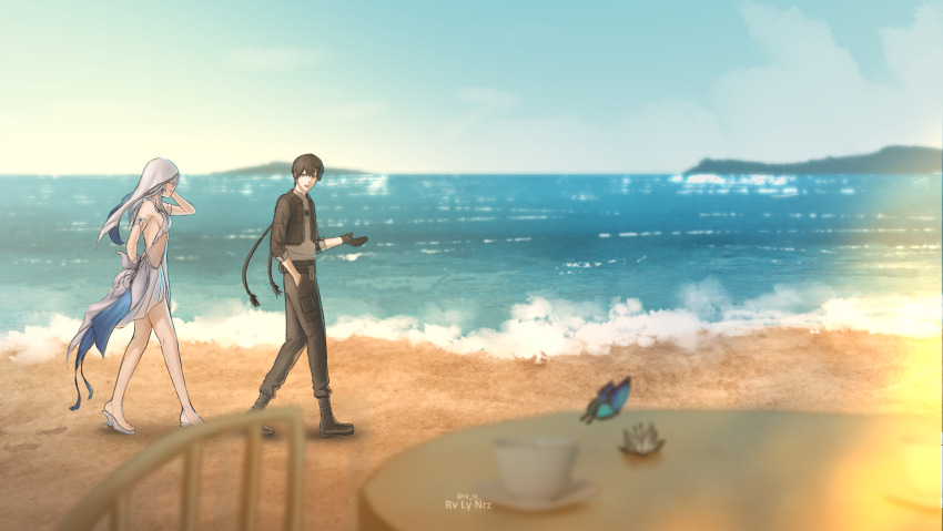 1boy 1girl beach_chair bilingual_commentary black_flower black_gloves black_hair black_jacket black_pants black_shoes blue_butterfly blue_dress blue_hair blue_veil bug butterfly chair commentary couple cup dress english_commentary flower foaming_waves glitter gloves grey_shirt high_heels highres insect island jacket male_rover_(wuthering_waves) mixed-language_commentary ocean open_clothes open_jacket pants platform_sandals rover_(wuthering_waves) rv_ly sand sandals sea_sparkle seascape shirt shoes shorekeeper_(wuthering_waves) table teacup two-tone_veil veil walking walking_away waves white_dress white_veil wuthering_waves