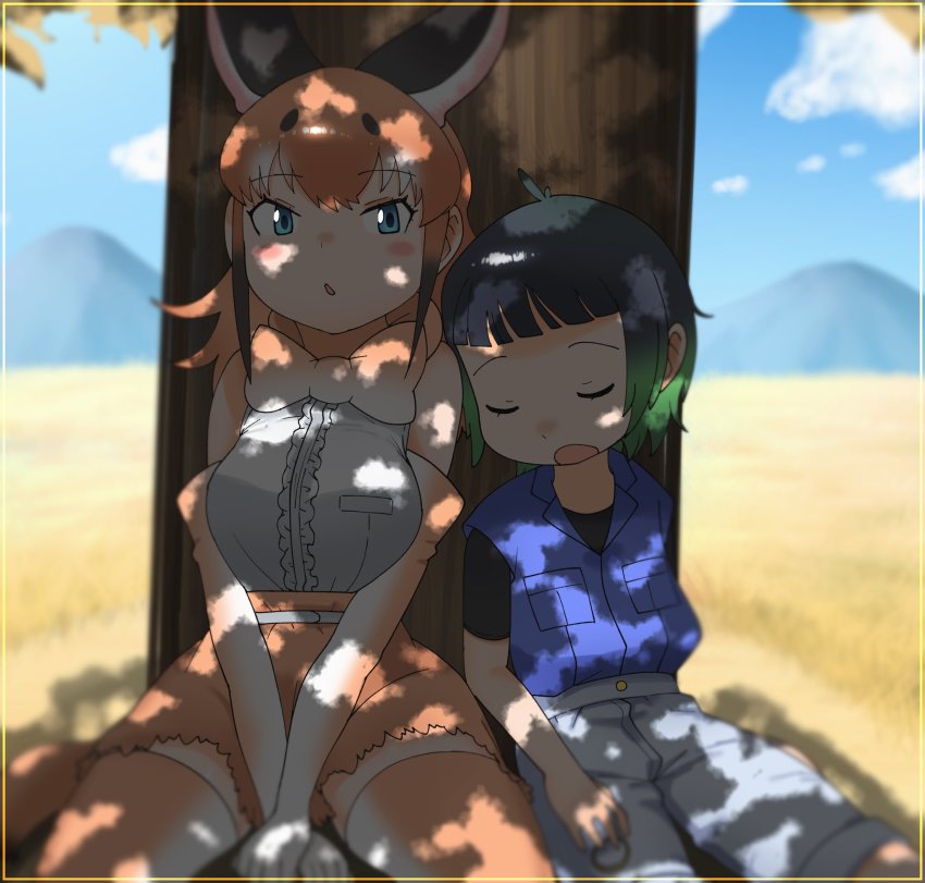 animal_ears black_shirt blouse blunt_bangs bow bowtie caracal_(kemono_friends) cats_yone gloves highres kemono_friends kemono_friends_2 kneehighs kyururu_(kemono_friends) necktie shirt skirt socks tail traditional_bowtie