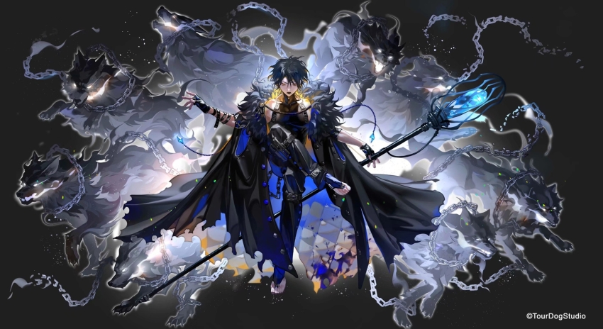 1boy alchemy_stars black_coat black_gloves black_hair black_pants blue_legwear buckle chain coat colored_tips commentary_request company_name copyright_notice crossed_legs fingerless_gloves fur-trimmed_coat fur_trim gloves grey_background halterneck highres hydrad_(alchemy_stars) invisible_chair looking_at_viewer male_focus multicolored_hair official_art open_mouth pants pectorals shirt short_hair simple_background sitting sleeveless sleeveless_shirt snap-fit_buckle solo staff tuotuo wolf