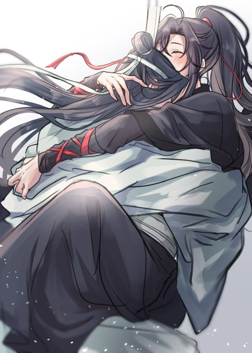 2boys ahoge black_hair black_hanfu blush chinese_clothes closed_eyes couple hair_ribbon hanfu headband high_ponytail highres hug lan_wangji light_particles long_hair long_sleeves male_focus modao_zushi multiple_boys ponytail red_ribbon ribbon robe semiusa1010 sidelocks simple_background sitting sitting_on_lap sitting_on_person topknot wei_wuxian white_background white_hanfu white_headband xiao_guan_(headdress) yaoi