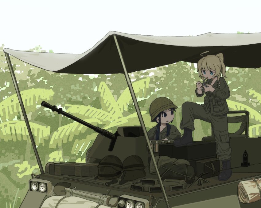 2girls alternate_costume aqua_eyes black_eyes black_footwear black_hair blonde_hair boots chito_(shoujo_shuumatsu_ryokou) combat_boots combat_helmet forest fubarmoe green_pants hair_between_eyes helmet highres jungle looking_at_another low_twintails m114_scout_vehicle m1_helmet military military_combat_uniform military_fatigues military_uniform military_vehicle multiple_girls nature pants ponytail shoujo_shuumatsu_ryokou smoking twintails vietnam_war yuuri_(shoujo_shuumatsu_ryokou)