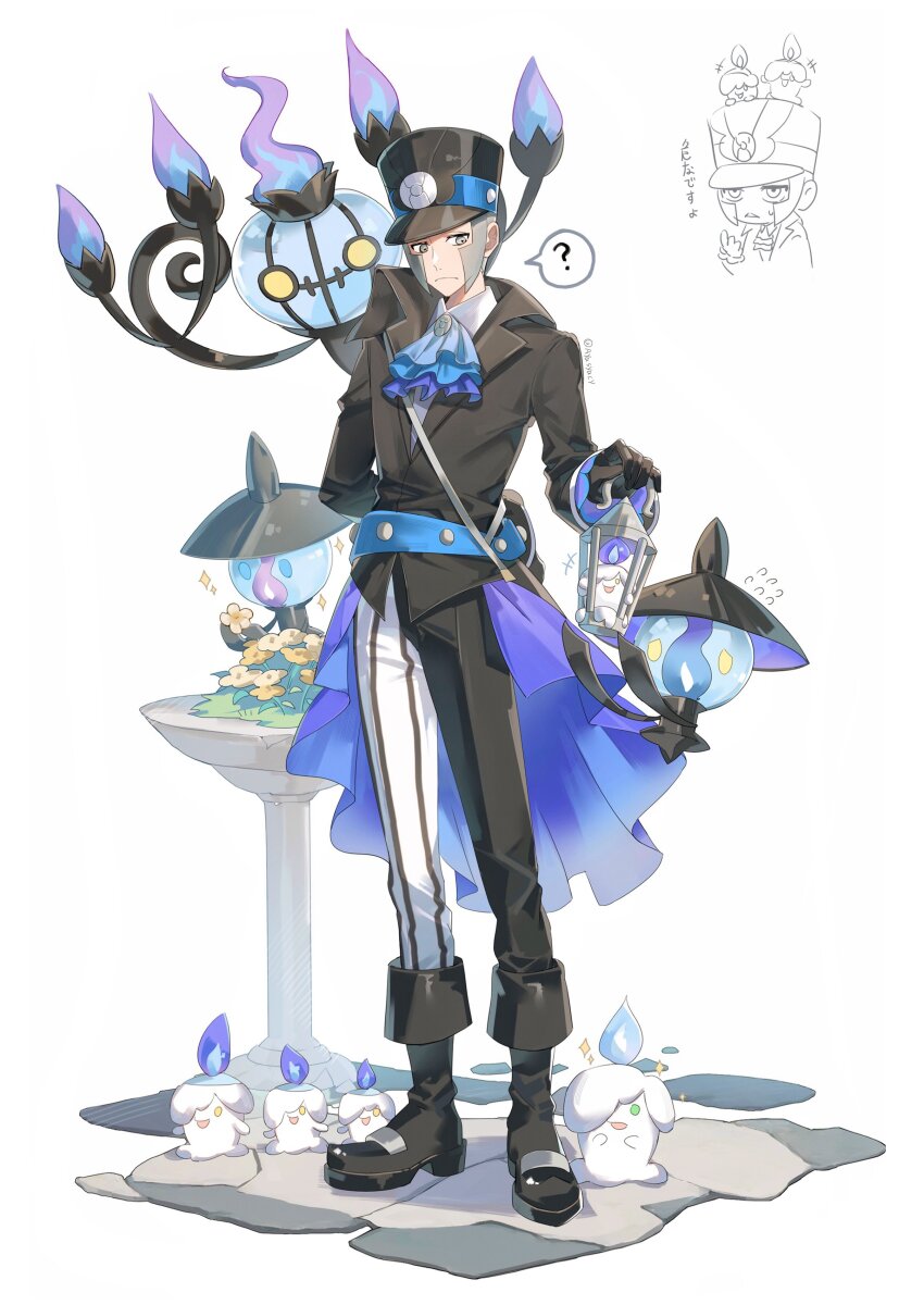 1boy ? absurdres alternate_color ascot asymmetrical_legwear ayasyacyo black_boots black_gloves black_hat black_jacket blue_eyes blue_fire boots candle chandelier chandelure closed_mouth collared_shirt fire flower frilled_sleeves frills frown gen_5_pokemon glass gloves grass green_eyes grey_eyes grey_hair hat highres holding holding_lantern ingo_(pokemon) ingo_(sygna_suit)_(pokemon) jacket lamp lampent lantern litwick looking_at_another nintendo official_alternate_costume open_mouth pointing pointing_up pokemon pokemon_(creature) pokemon_masters_ex purple_fire shiny_pokemon shirt short_hair sideburns sparkle speech_bubble stone_floor sweatdrop white_background white_shirt worried yellow_eyes yellow_flower