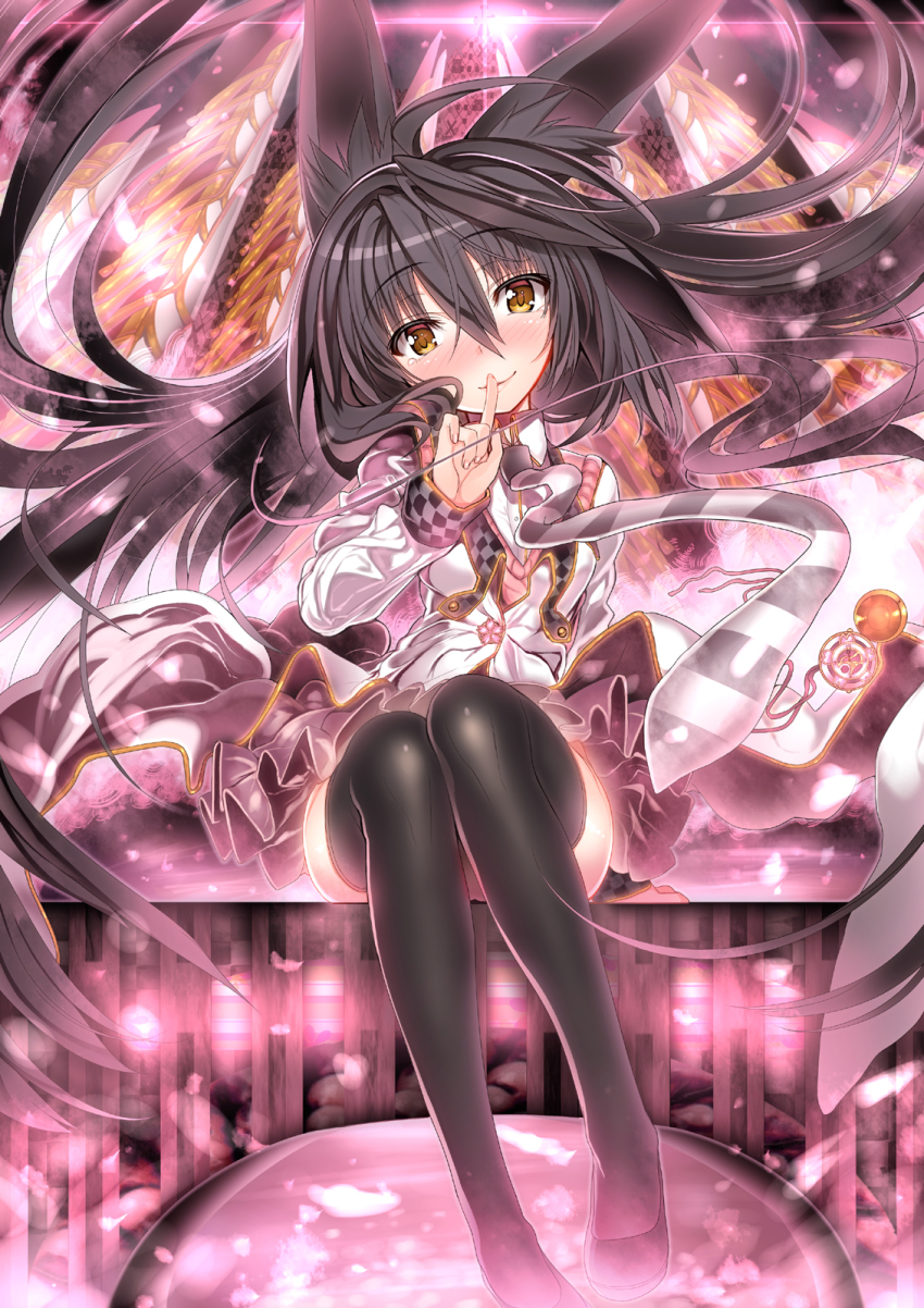1girl animal_ears black_hair blush char female_focus finger_to_mouth highres long_hair necktie necro-san original pocket_watch sitting skirt smile solo tears thighhighs watch yellow_eyes zettai_ryouiki
