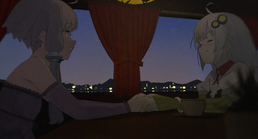 2girls ahoge blurry blush bracelet ceiling_light city_lights closed_mouth commentary_request constellation_request cross_tie curtains depth_of_field detached_sleeves dress elbow_gloves facing_another film_grain from_side gloves green_gloves grin hair_ornament highres indoors jewelry kizuna_akari long_hair looking_at_another mountainous_horizon multiple_girls night no_jacket pikumin profile puffy_short_sleeves puffy_sleeves purple_dress purple_sleeves short_hair_with_long_locks short_sleeves sky sleeveless sleeveless_dress smile star_(sky) starry_sky vocaloid voiceroid white_hair yuri yuzuki_yukari