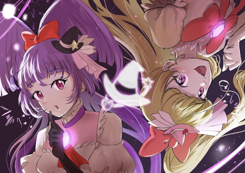 2girls absurdres asahina_mirai black_gloves black_hat blonde_hair blush bow bowtie brooch commentary_request cure_magical cure_miracle dress elbow_gloves gloves hair_bow hat highres izayoi_liko jewelry long_hair magical_girl mahou_girls_precure! mahou_girls_precure!!_mirai_days multiple_girls nekonatsu one_side_up open_mouth pink_eyes pink_hat precure puffy_short_sleeves puffy_sleeves purple_eyes purple_hair red_bow red_bowtie short_sleeves smile upper_body white_dress white_gloves witch_hat