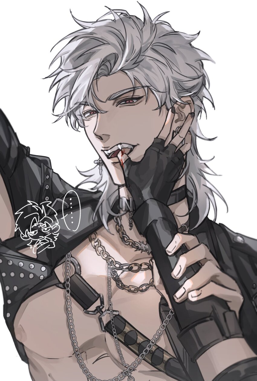 ... 1boy 1girl black_gloves black_nails blood blood_on_hands chain chain_necklace chibi chibi_inset earrings fangs finger_in_another&#039;s_mouth fingerless_gloves gloves grey_hair hair_between_eyes hetero highres holding_another&#039;s_arm jewelry looking_at_viewer love_and_deepspace medium_hair nail_polish necklace official_alternate_hairstyle protagonist_(love_and_deepspace) spoken_ellipsis sylus_(love_and_deepspace) white_background yibai0419