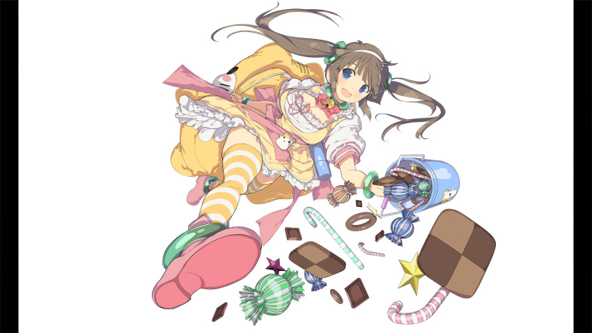 1girl absurdres animal_bag anklet backpack bag bell blue_eyes blunt_bangs bracelet breasts brown_hair bucket candy cat_bag cleavage dress dropped_food fang food hairband hamster highres holding holding_bucket jewelry large_breasts long_hair minori_(senran_kagura) neck_bell non-web_source official_art open_mouth pillarboxed pink_shoes senran_kagura senran_kagura_burst senran_kagura_burst_re:newal shoes smile solo striped_clothes striped_thighhighs thighhighs twintails white_background white_hairband white_sleeves yaegashi_nan yellow_dress yellow_thighhighs zettai_ryouiki