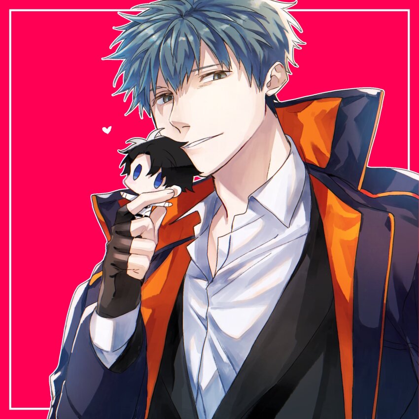 1boy bags_under_eyes black_vest character_doll doll fate/grand_order fate_(series) fingerless_gloves fingernails fujimaru_ritsuka_(male) gloves grey_eyes grey_hair hagiography heart highres inset_border looking_at_viewer male_focus parted_lips pink_background saitou_hajime_(fate) shirt short_hair upper_body vest white_shirt