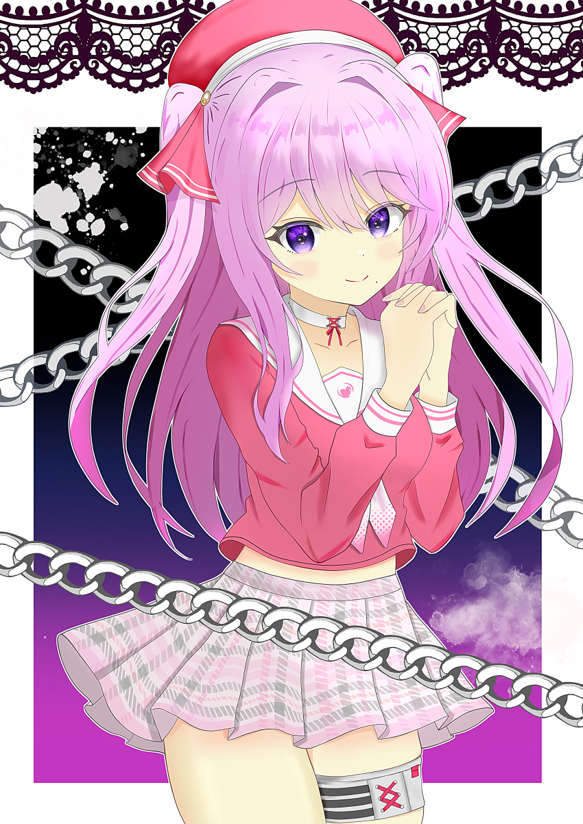 1girl absurdres black_gloves blush fingerless_gloves gloves goddess_of_victory:_nikke high-waist_skirt highres holding long_hair mole mole_under_mouth neckerchief pink_hair plaid_clothes plaid_skirt sailor_collar school_uniform serafuku sidelocks skirt solo thighs user_kkkd5375 white_sailor_collar yuni_(nikke) yuni_(pretty_in_pink)_(nikke)