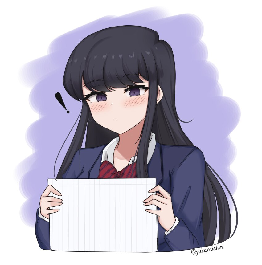 ! 1girl absurdres black_eyes black_hair blue_jacket blush bow bowtie closed_mouth commentary cropped_torso diagonal-striped_bow diagonal-striped_bowtie diagonal-striped_clothes dot_mouth highres holding holding_paper itan_private_high_school_uniform jacket komi-san_wa_komyushou_desu komi_shouko long_hair long_sleeves looking_at_viewer paper purple_background red_bow red_bowtie school_uniform solo striped_bow striped_bowtie striped_clothes swept_bangs textless_version white_background yukaraishin