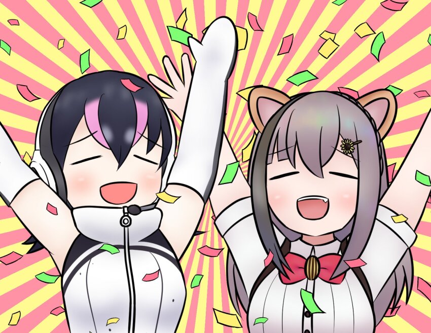 black_hair elbow_gloves gloves humboldt_penguin_(kemono_friends) indie_virtual_youtuber kemono_friends kemono_friends_v_project kirara_mimi looking_at_viewer microphone multicolored_hair short_hair tail virtual_youtuber