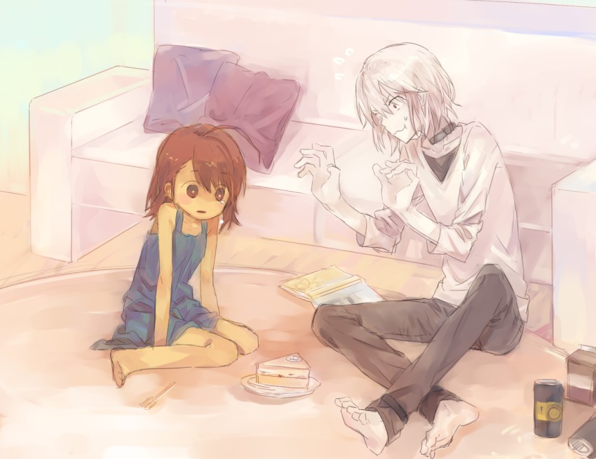 accelerator_(toaru_majutsu_no_index) ahoge albino bad_id bad_pixiv_id barefoot brown_eyes brown_hair cake choker couch dress feet food last_order_(toaru_majutsu_no_index) pillow red_eyes short_hair sketch tears toaru_majutsu_no_index uk1440 white_hair