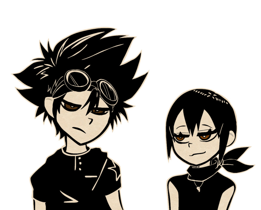 1boy 1girl andrew_graves_(the_coffin_of_andy_and_leyley) ashley_graves brother_and_sister brown_eyes cosplay digimon goggles goggles_on_head greyscale monochrome nemlei_(style) parody scarf siblings star_(symbol) style_parody the_coffin_of_andy_and_leyley transparent_background yagami_hikari_(cosplay) yagami_taichi_(cosplay)
