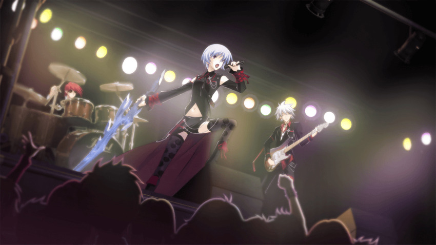 1girl 2boys aiguillette belted_skirt black_boots black_dress black_thighhighs blue_hair boots breasts celtic_cross chaos;head chaos;head_love_chu_chu! collared_shirt concert corset cross cross-laced_clothes cross-laced_skirt cross_pendant cross_print d-sword detached_sleeves dress earrings electric_guitar floral_print frilled_corset frills game_cg goth_fashion gothic_punk guitar holding holding_guitar holding_instrument holding_microphone holding_sword holding_weapon huge_weapon instrument jacket jewelry kishimoto_ayase lace-trimmed_wrist_cuffs lace_bikini lace_trim lapels makeup matsuo_yukihiro microphone midriff multiple_boys music navel non-web_source official_art open_collar open_mouth outstretched_arm peaked_lapels phantasm purple_eyes purple_lips red_cross red_hair red_ribbon red_shirt red_trim ribbon round_eyewear ryo_(chaos;head) shirt short_hair singing skirt small_breasts standing sunglasses sword thighhighs weapon wrist_cuffs
