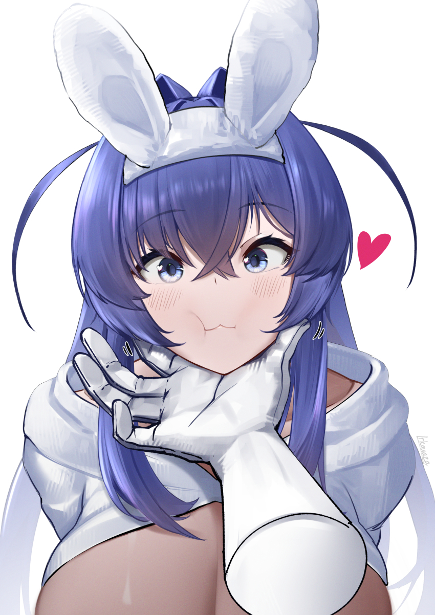1girl :3 :t absurdres alternate_costume animal_ear_hairband animal_ears arms_behind_back azur_lane blue_eyes blue_hair blush bodystocking breasts cleavage closed_mouth commentary crossed_bangs disembodied_hand english_commentary fake_animal_ears hair_between_eyes hair_intakes hairband hand_on_another&#039;s_chin heart highres irkawaza large_breasts long_hair looking_at_viewer new_jersey_(azur_lane) rabbit_ear_hairband rabbit_ears see-through_cleavage see-through_clothes shrug_(clothing) sidelocks signature simple_background solo_focus stroking_another&#039;s_chin upper_body white_background white_hairband white_shrug
