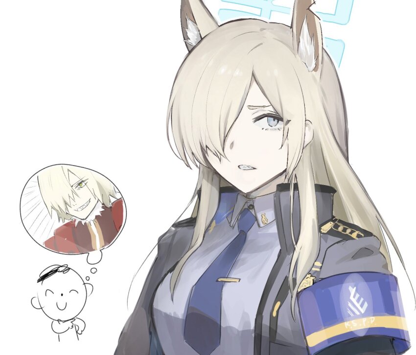 1girl animal_ears armband blonde_hair blue_archive blue_eyes blue_necktie chinese_commentary collared_shirt doodle_sensei_(blue_archive) extra_ears green_eyes hair_over_one_eye halo highres jacket kanna_(blue_archive) look-alike looking_at_viewer necktie open_clothes open_jacket sensei_(blue_archive) sharp_teeth shirt simple_background solo_focus speech_bubble teeth tengen_toppa_gurren_lagann thinking thought_bubble tie_clip viral_(ttgl) white_background zetaro
