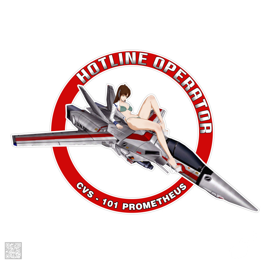 1girl 3d absurdres breasts choujikuu_yousai_macross emblem english_text feet gunpod hayase_misa headgear high_heels highres jacket jehuty001 lingerie looking_at_viewer lying macross military_uniform nose_art pinup_(style) qr_code roundel science_fiction signature toes transparent_background u.n._spacy underwear undressing variable_fighter vf-1 vf-1j