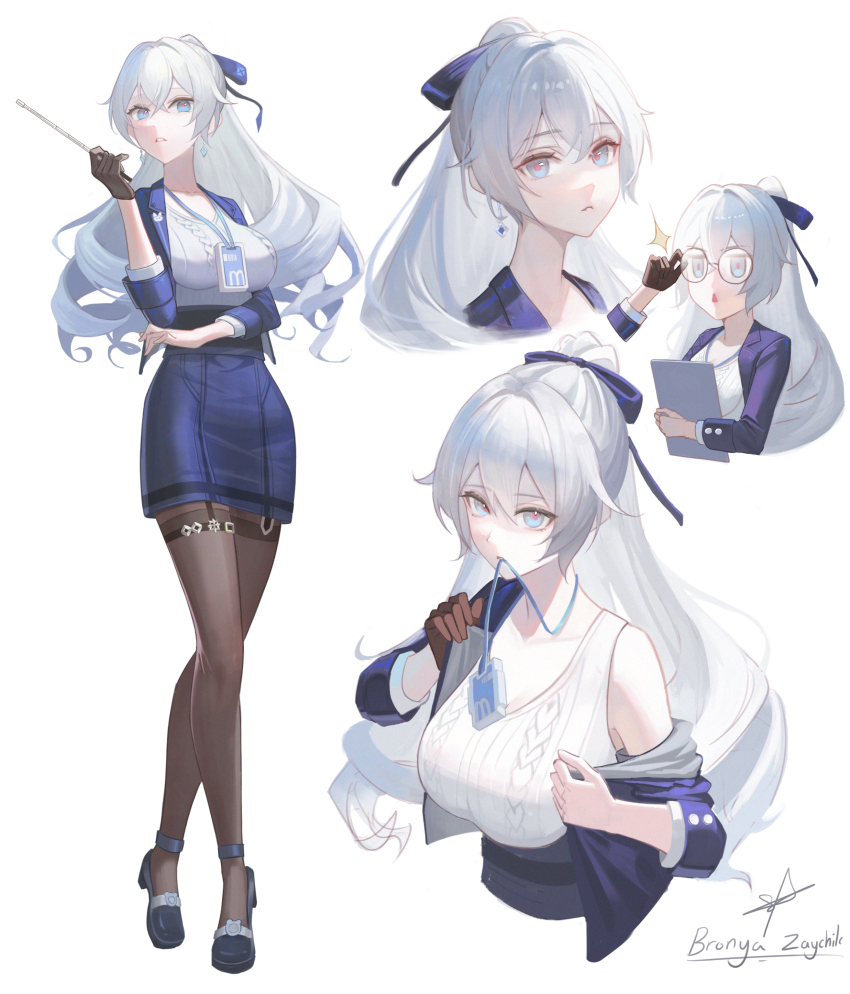 1girl absurdres bespectacled black_gloves black_pantyhose black_shoes blue_bow blue_jacket blue_skirt bow breasts bronya_zaychik bronya_zaychik_(outstanding_attitude) bronya_zaychik_(silverwing:_n-ex) collarbone commentary_request earrings glasses gloves grey_eyes grey_hair hair_between_eyes hair_bow highres holding honkai_(series) honkai_impact_3rd id_card jacket jewelry lanyard large_breasts long_hair looking_at_viewer mouth_hold multiple_views office_lady pantyhose parted_lips red_pupils revision ribbed_shirt round_eyewear shengkai167 shirt shoes signature simple_background single_glove skirt suit_jacket triangle_mouth white_background white_shirt