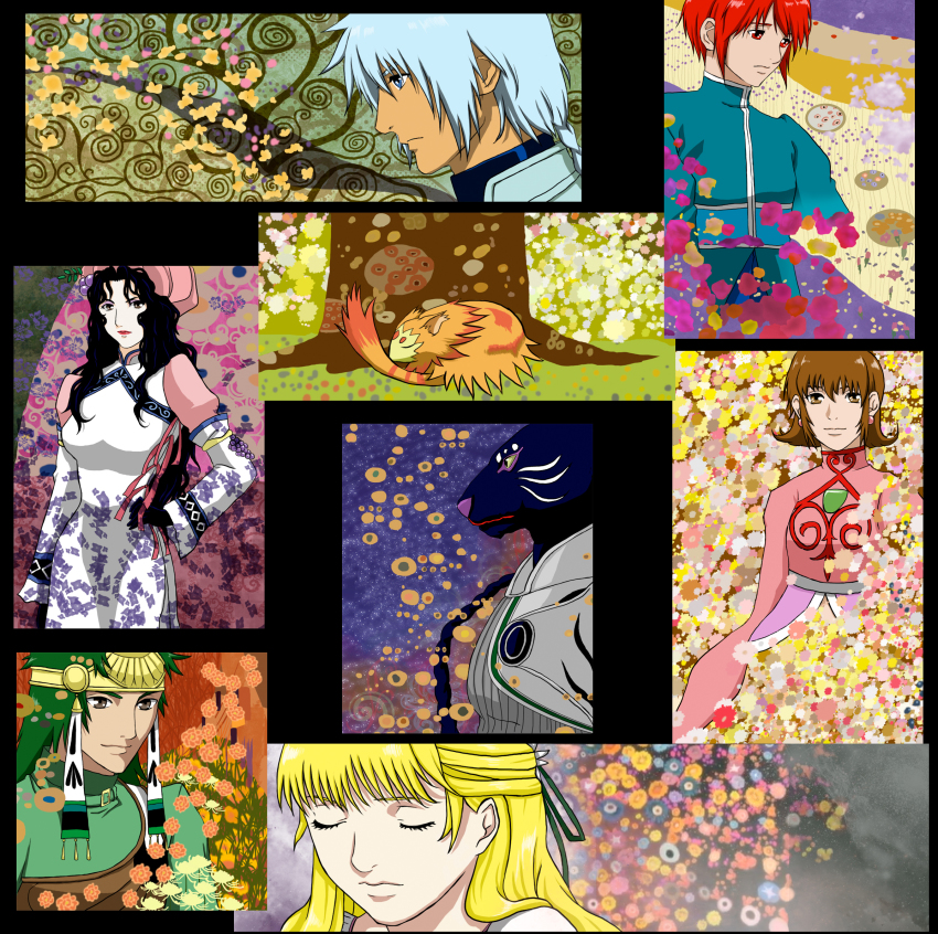 3girls 4boys annie_barrs armor black_hair blonde_hair blue_eyes blue_hair braid breasts brown_eyes brown_hair claire_bennett creature eugene_gallardo closed_eyes flower green_hair hat headband highres hilda_rhambling long_hair mao_(tales) multiple_boys multiple_girls red_eyes red_hair tales_of_(series) tales_of_rebirth tytree_crowe veigue_lungberg zapie