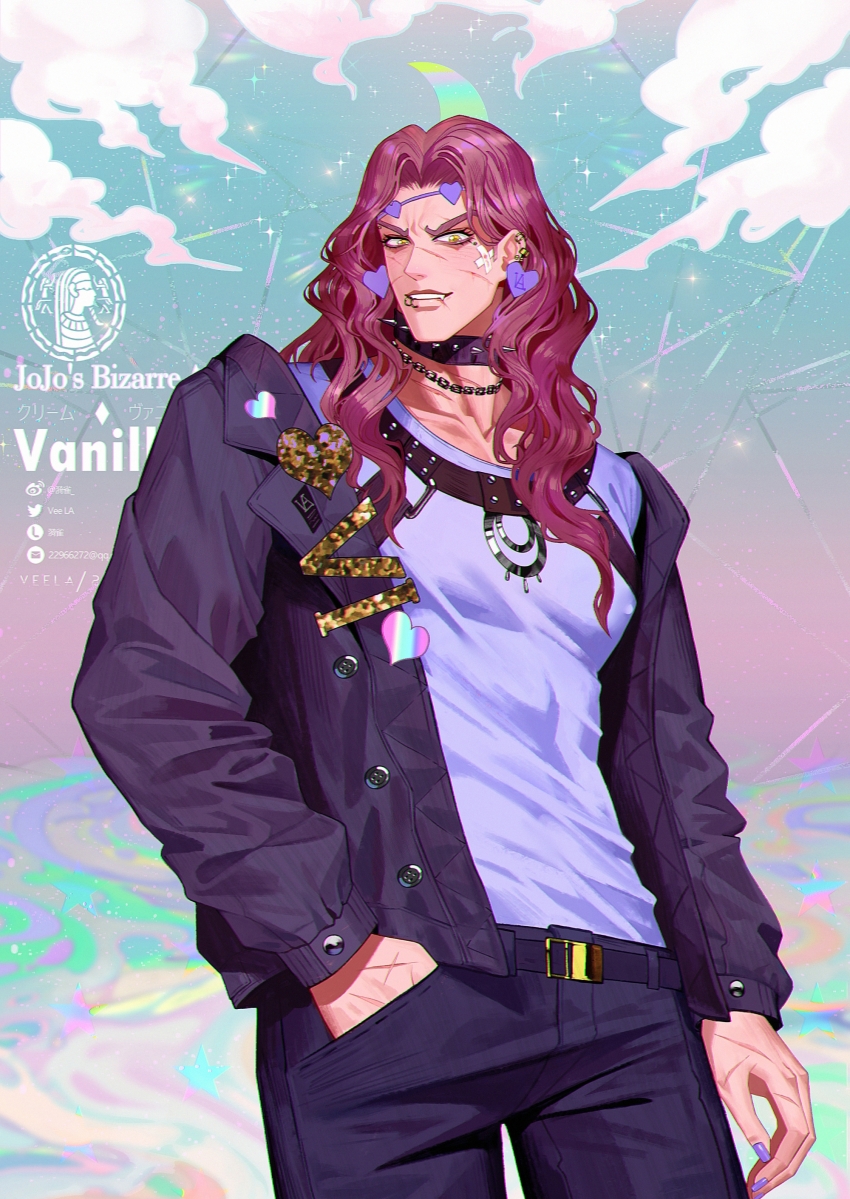 1boy absurdres artist_name belt chain chain_necklace chromatic_aberration collar copyright_name cowboy_shot curtained_hair ear_piercing earrings face_piercing headband heart heart_earrings highres jacket jewelry jojo_no_kimyou_na_bouken lip_piercing lip_ring lofter_logo lofter_username long_hair looking_at_viewer male_focus necklace open_clothes open_jacket pants parted_bangs piercing purple_belt purple_headband purple_jacket purple_pants purple_shirt red_hair scar scar_on_face scar_on_lip shirt solo spiked_collar spikes stardust_crusaders twitter_logo twitter_username vanilla_ice veela weibo_username yellow_eyes