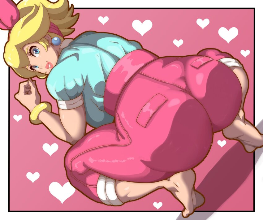 1girl aqua_shirt ass barefoot belt blonde_hair blue_eyes blue_shirt bracelet breasts earrings hair_ribbon hairband heart highres huge_ass jewelry large_breasts long_hair looking_at_viewer looking_back mario_(series) mario_kart mario_kart_world nintendo official_alternate_costume oryutoo pants pink_background pink_belt pink_hairband pink_pants pink_ribbon princess_peach princess_peach_(sightseeing) ribbon shirt smile solo sphere_earrings squatting tiptoes