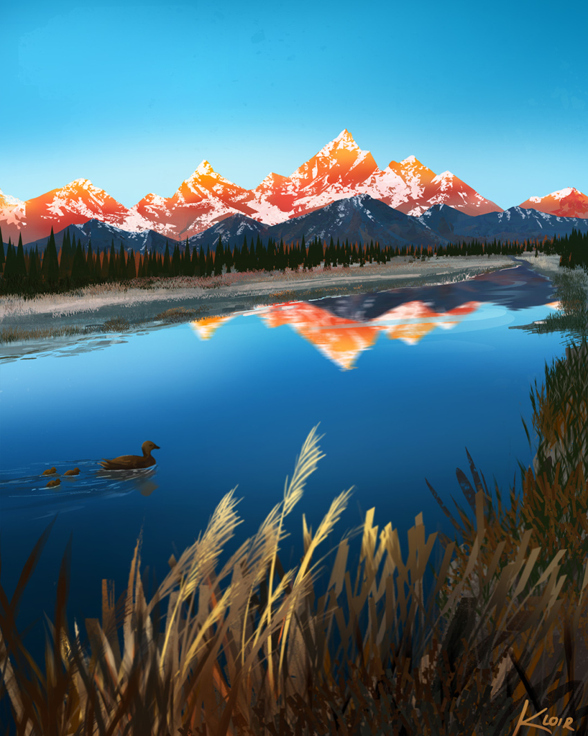 bird commentary day duck duckling english_commentary forest grass highres kloir landscape mountain mountainous_horizon nature no_humans original painterly reflection reflective_water river scenery sky tree water