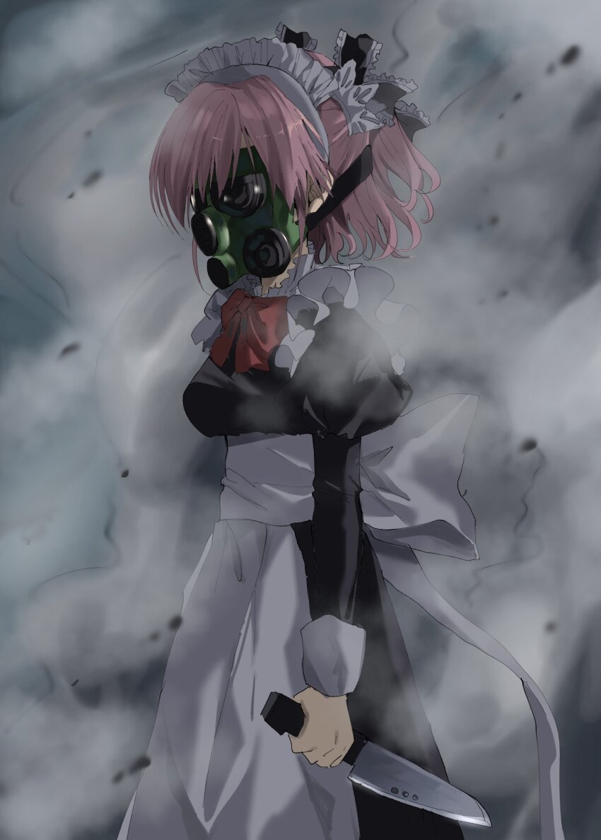 1girl apron arm_at_side back_bow black_dress black_ribbon bow dress feet_out_of_frame frilled_ribbon frills from_side gas_mask grisaia_(series) grisaia_no_rakuen hair_between_eyes hair_ribbon half_updo highres holding holding_knife juliet_sleeves kasukasugom1 knife komine_sachi long_sleeves maid maid_apron maid_headdress mask pink_hair ponytail puffy_sleeves red_bow ribbon short_hair short_ponytail smoke solo standing white_apron white_bow