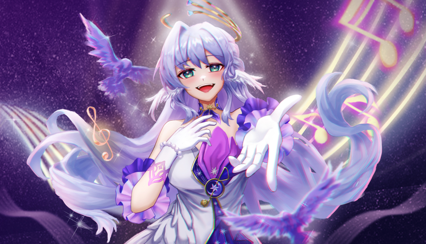 1girl absurdres aqua_eyes bare_shoulders choker commentary detached_sleeves dress gloves he7_(he7hihi) highres honkai:_star_rail honkai_(series) long_hair looking_at_viewer purple_choker purple_hair reaching reaching_towards_viewer robin_(honkai:_star_rail) solo musical_staff strapless strapless_dress treble_clef upper_body very_long_hair white_dress white_gloves