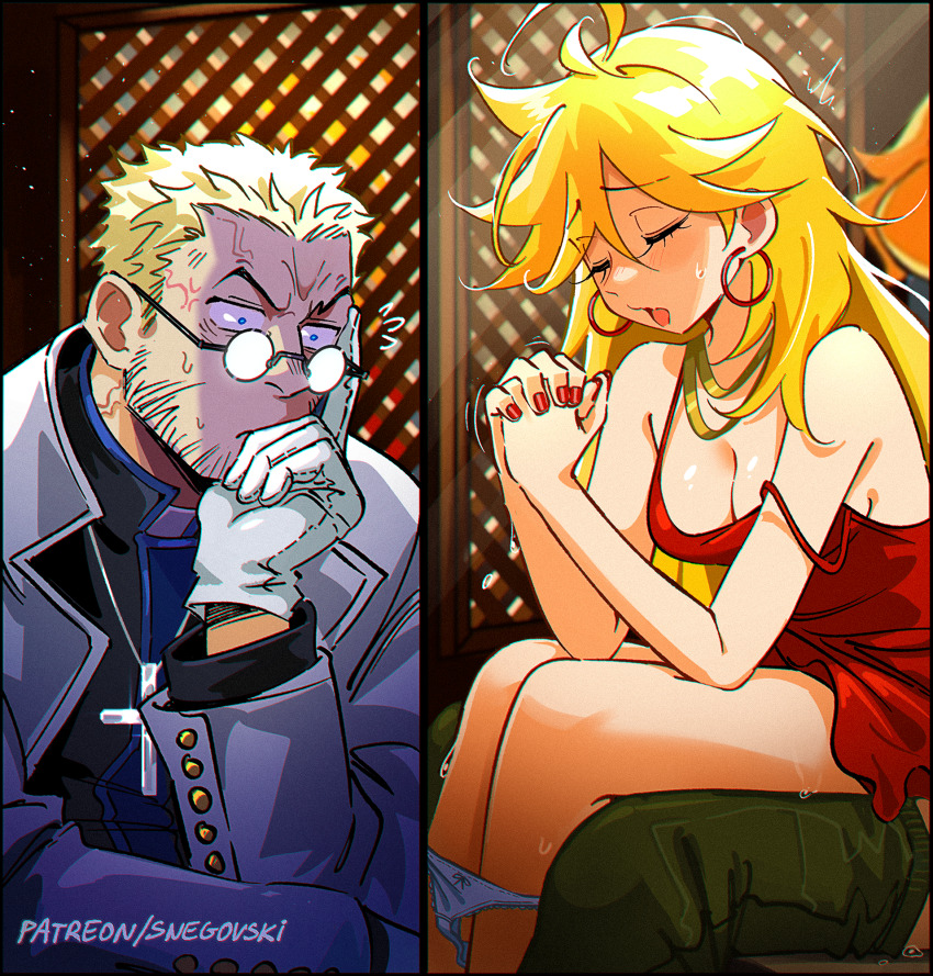 1girl 2boys alexander_anderson anger_vein blonde_hair breasts brief_(psg) closed_eyes commentary confessional cross dress earrings english_commentary glasses gloves green_pants hands_up hellsing highres hoop_earrings implied_sex indoors interlocked_fingers jewelry long_hair long_sleeves medium_breasts multiple_boys nail_polish open_mouth orange_hair panties pants panty_&amp;_stocking_with_garterbelt panty_(psg) panty_pull praying red_dress red_nails round_eyewear sitting sitting_on_lap sitting_on_person sleeveless sleeveless_dress snegovski strap_slip sweat underwear v-shaped_eyebrows white_gloves white_panties
