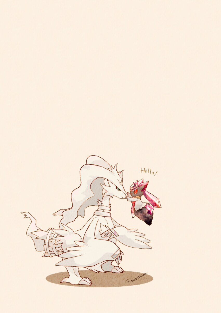 animal_focus artist_name blue_eyes claws closed_mouth commentary diancie english_text floating gen_5_pokemon gen_6_pokemon highres legendary_pokemon mythical_pokemon nintendo no_humans open_mouth pokemon pokemon_(creature) red_eyes reshiram simple_background tail twitter_username white_background white_fur zozozoshion