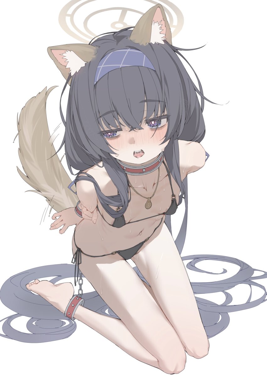 1girl absurdres animal_ears arms_behind_back bags_under_eyes bikini black_bikini black_hair blue_archive blue_eyes blush breasts chain chained collar cuffs dog_ears dog_tail hair_spread_out hairband halo highres jewelry kneeling long_hair necklace open_mouth restrained saliva small_breasts solo sweat swimsuit tail ui_(blue_archive) very_long_hair white_background yoru_uyo