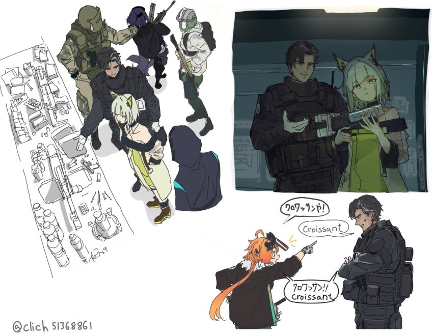 1other 2boys 3girls altyn_helmet andreana_(arknights) animal_ears arguing arknights assault_rifle backpack bag black_hair black_jacket body_armor camouflage cat_ears cat_girl clich51368861 clothes_grab collage combat_helmet commentary croissant_(arknights) cropped_torso crossed_arms crossover dark-skinned_male dark_skin diagonal_bangs doc_(rainbow_six_siege) doctor_(arknights) dress ela_(rainbow_six_siege) explosive face_shield gloves green_dress green_hair grey_gloves grey_jacket grin gun hand_in_pocket helmet holding holding_gun holding_weapon jacket kal&#039;tsit_(arknights) load_bearing_vest long_hair long_sleeves low_ponytail machine_gun military_combat_uniform military_uniform multicolored_hair multiple_boys multiple_girls multiple_views off-shoulder_dress off_shoulder orange_hair partially_colored pointing pointing_at_another ponytail rainbow_six_siege rifle see-through_clothes see-through_sleeves short_hair short_ponytail simple_background small_sweatdrop smile streaked_hair syringe_gun tachanka_(rainbow_six_siege) tactical_clothes translation_request twitter_username weapon white_gloves