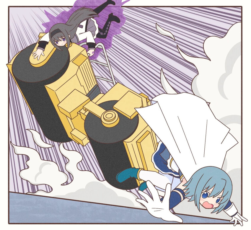 2girls akemi_homura akemi_homura_(magical_girl) black_hair blue_eyes blue_hair cape gloves hairband highres jojo_no_kimyou_na_bouken long_hair magical_girl mahou_shoujo_madoka_magica miki_sayaka miki_sayaka_(magical_girl) multiple_girls open_mouth pantyhose parody purple_eyes short_hair source_request steam steamroller yuno385