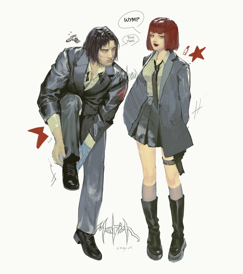 1boy 1girl avengers_(series) belt black_boots black_hair black_jacket black_necktie black_shoes boots brown_eyes bucky_barnes closed_mouth collared_shirt commentary dated english_commentary eyeshadow full_body green_eyes grey_jacket grey_pants grey_skirt grey_socks gun handgun highres jacket lapels lipstick long_sleeves looking_at_another looking_at_viewer makeup marvel mohishko natasha_romanoff necktie open_clothes open_jacket pants pleated_skirt prosthesis prosthetic_arm red_eyeshadow red_hair red_lips russian_text shirt shoes short_hair simple_background skirt smile socks speech_bubble standing standing_on_one_leg star_(symbol) thigh_belt thigh_strap weapon white_background white_shirt