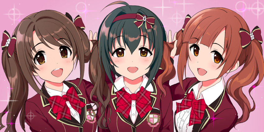 3girls ahoge black_hair bow brown_hair frilled_shirt frills hair_bow hairband highres idolmaster idolmaster_cinderella_girls igarashi_kyoko kohinata_miho long_hair multiple_girls natsuya_(natuya777) pink_check_school_(idolmaster) plaid_bow shimamura_uzuki shirt twintails twintails_day
