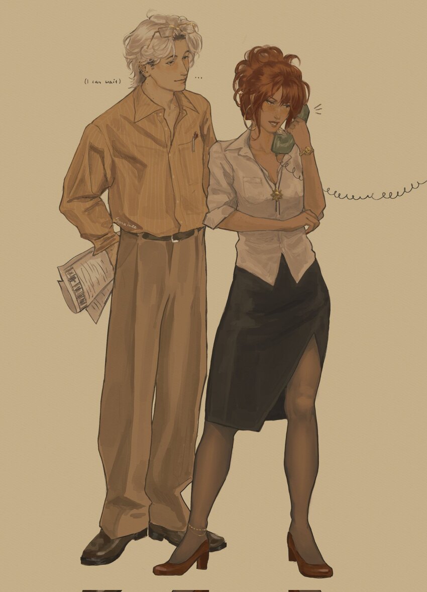 1boy 1girl aegyo_sal anklet arm_behind_back belt black_leggings black_skirt breasts cleavage collared_shirt corded_phone curtained_hair dress_shoes earrings english_text eyewear_on_head freckles full_body hair_bun hand_on_own_elbow high_heels highres holding holding_newspaper holding_phone hoop_earrings jewelry leggings loose_hair_strand messy_hair newspaper object_in_pocket open_clothes open_mouth open_shirt original partially_unbuttoned pen_in_pocket phone pocket red_hair shirt sidelocks skirt sonaireeart watch white_hair white_shirt wristwatch yellow_background yellow_shirt