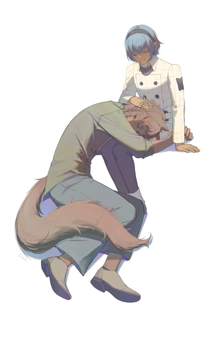 2boys animal_ears ankle_cuffs arm_support arms_around_waist basilio_(metaphor:_refantazio) belt black_pants blue_hair blue_pants braid brown_hair buttons closed_eyes closed_mouth coat collared_coat commentary dark-skinned_male dark_blue_hair dark_skin english_commentary full_body green_shirt grey_footwear hairband hand_in_another&#039;s_hair hane_(yhane312) highres lap_pillow male_focus metal_hairband metaphor:_refantazio multiple_boys pants patterned_clothing protagonist_(metaphor:_refantazio) scar scar_on_face shirt shoes side_braid simple_background single_braid sitting smile tail white_background wing_collar